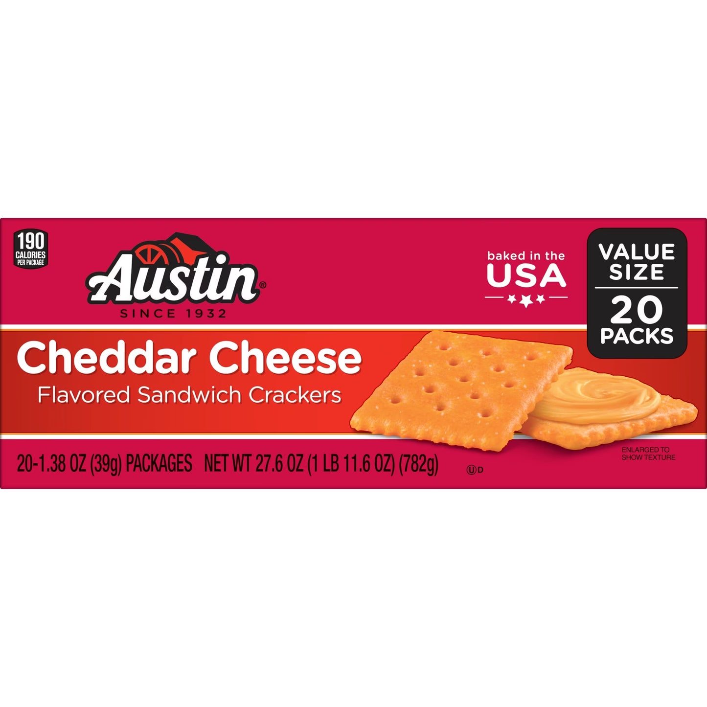 Austin Cheddar Cheese Flavored Sandwich Crackers, Lunch Snacks, 20 Count