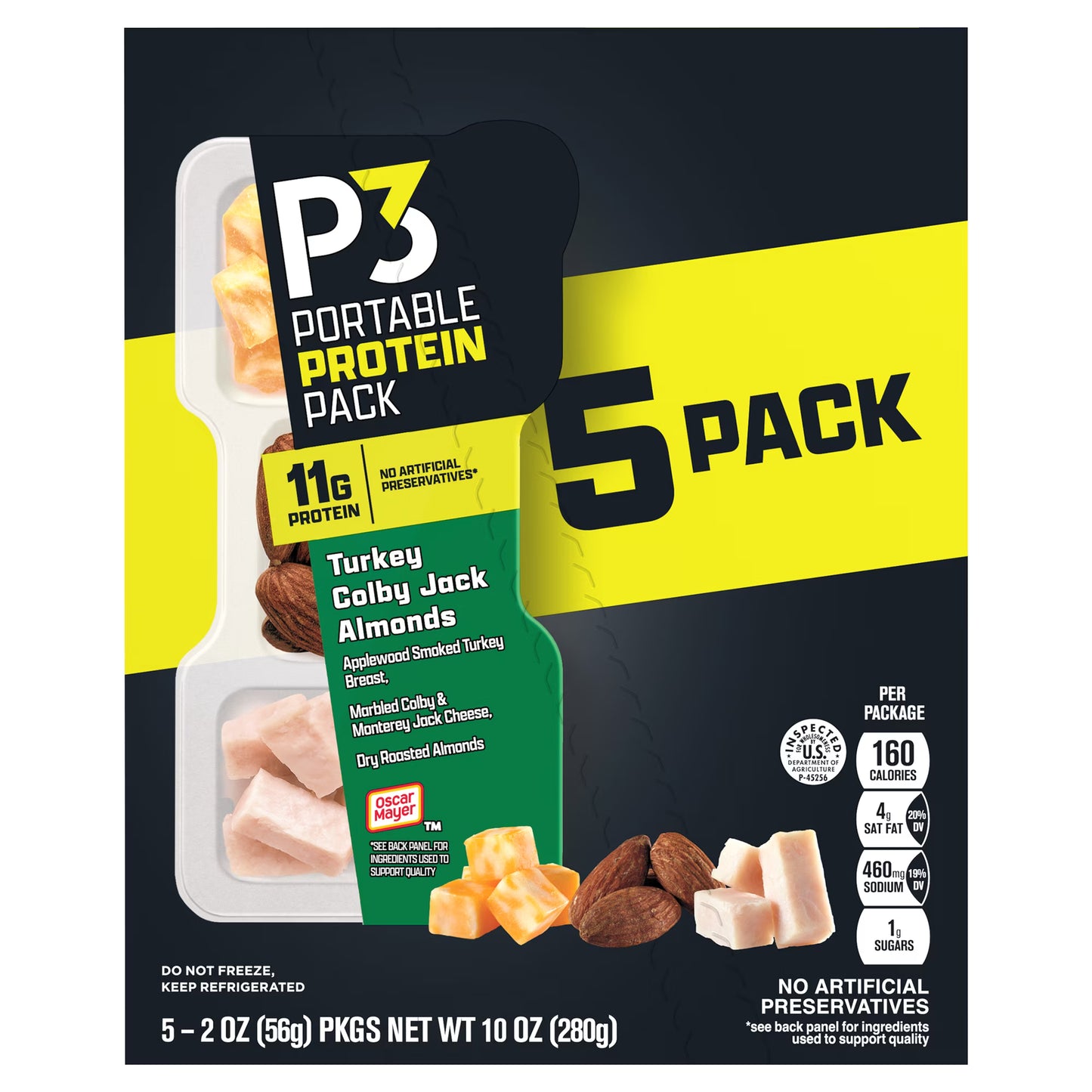 P3 Portable Protein Snack Pack with Turkey, Almonds & Colby Jack Cheese, 5 Count Box, 2 oz Trays