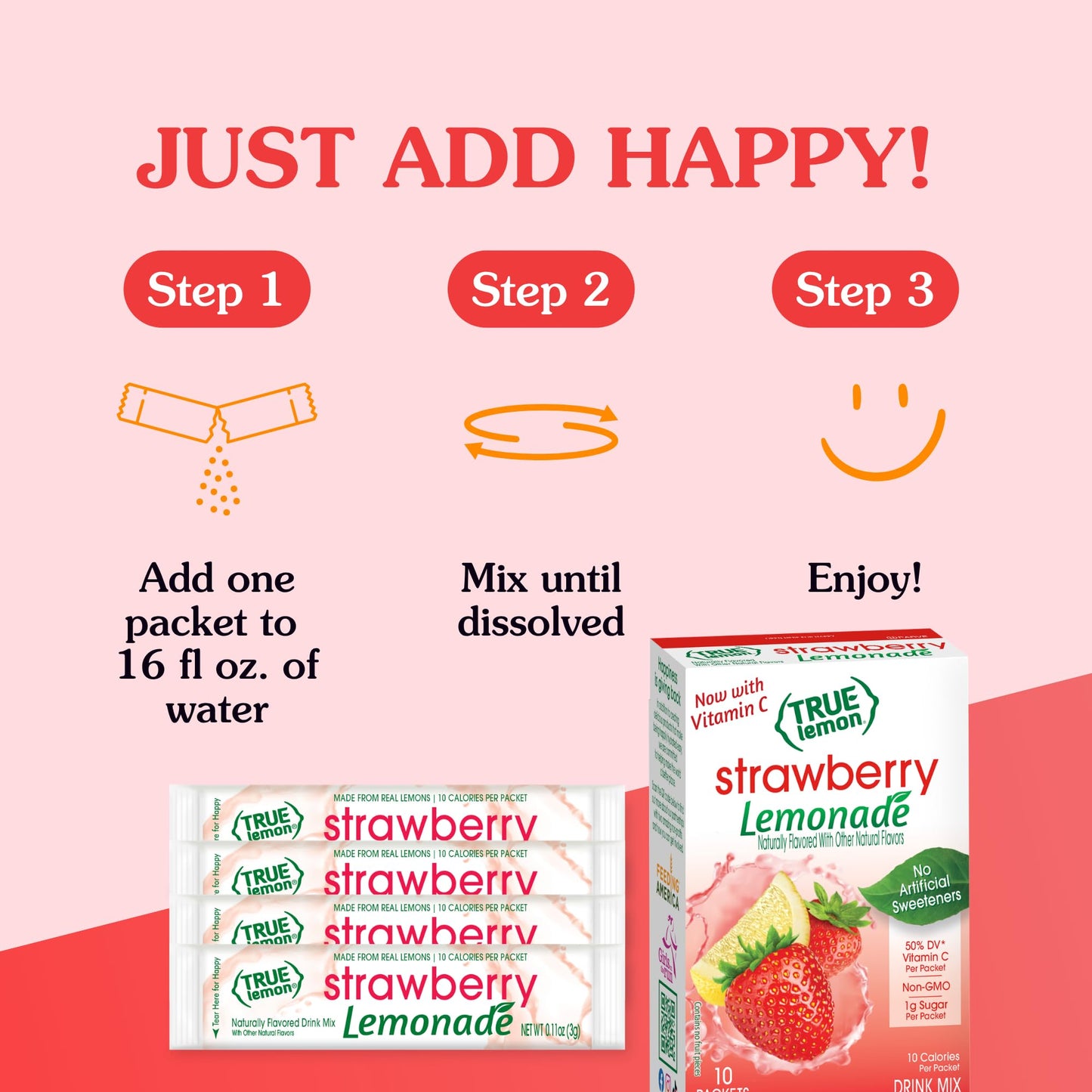 True Lemon Strawberry Lemonade Drink Mix, Made from Real Lemons, Low Calorie, Low Sugar, Lemonade Drink Mix, 10 Count, 1.06 oz (Pack of 12)