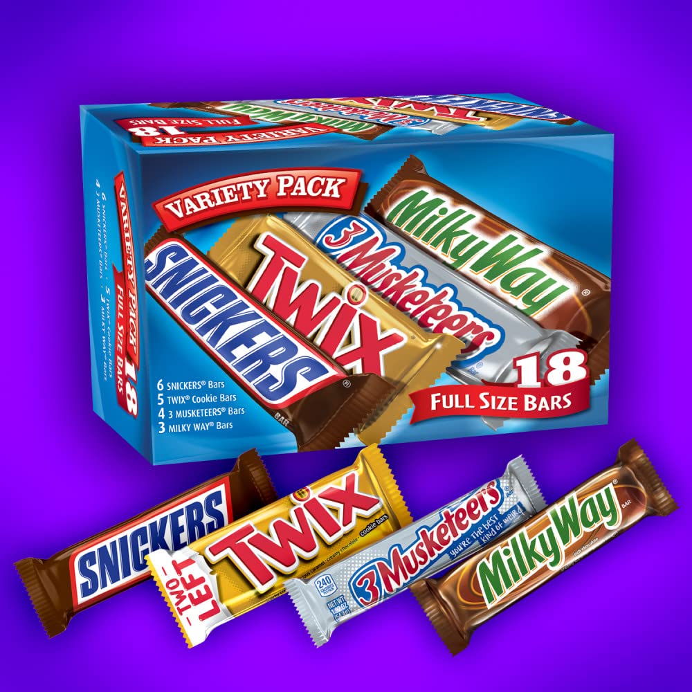SNICKERS, TWIX, 3 MUSKETEERS, MILKY WAY Full Size Back to School Chocolate Bar Variety Pack, 18 ct Bulk Candy Box