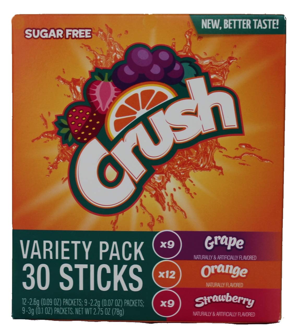 Crush Singles Grape, Orange, Strawberry To Go Sugar Free Drink Mix Variety Pack 2.75 oz Pack of 30 Sticks