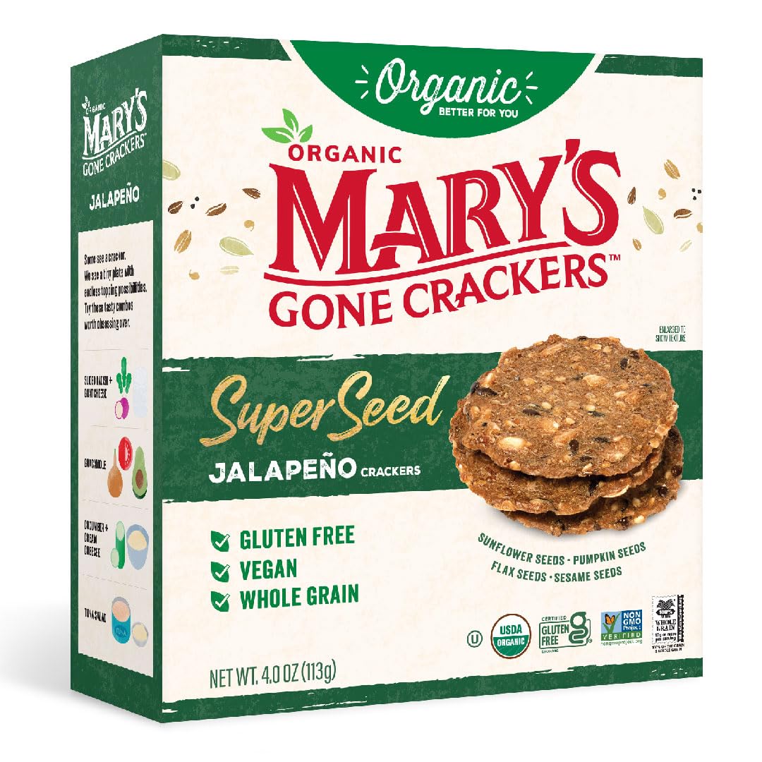 Mary's Gone Crackers Super Seed Crackers, Jalapeno, 4 Ounce (Pack of 1), Organic Plant Based Protein, Gluten Free