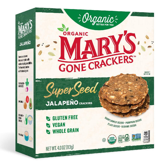 Mary's Gone Crackers Super Seed Crackers, Jalapeno, 4 Ounce (Pack of 1), Organic Plant Based Protein, Gluten Free