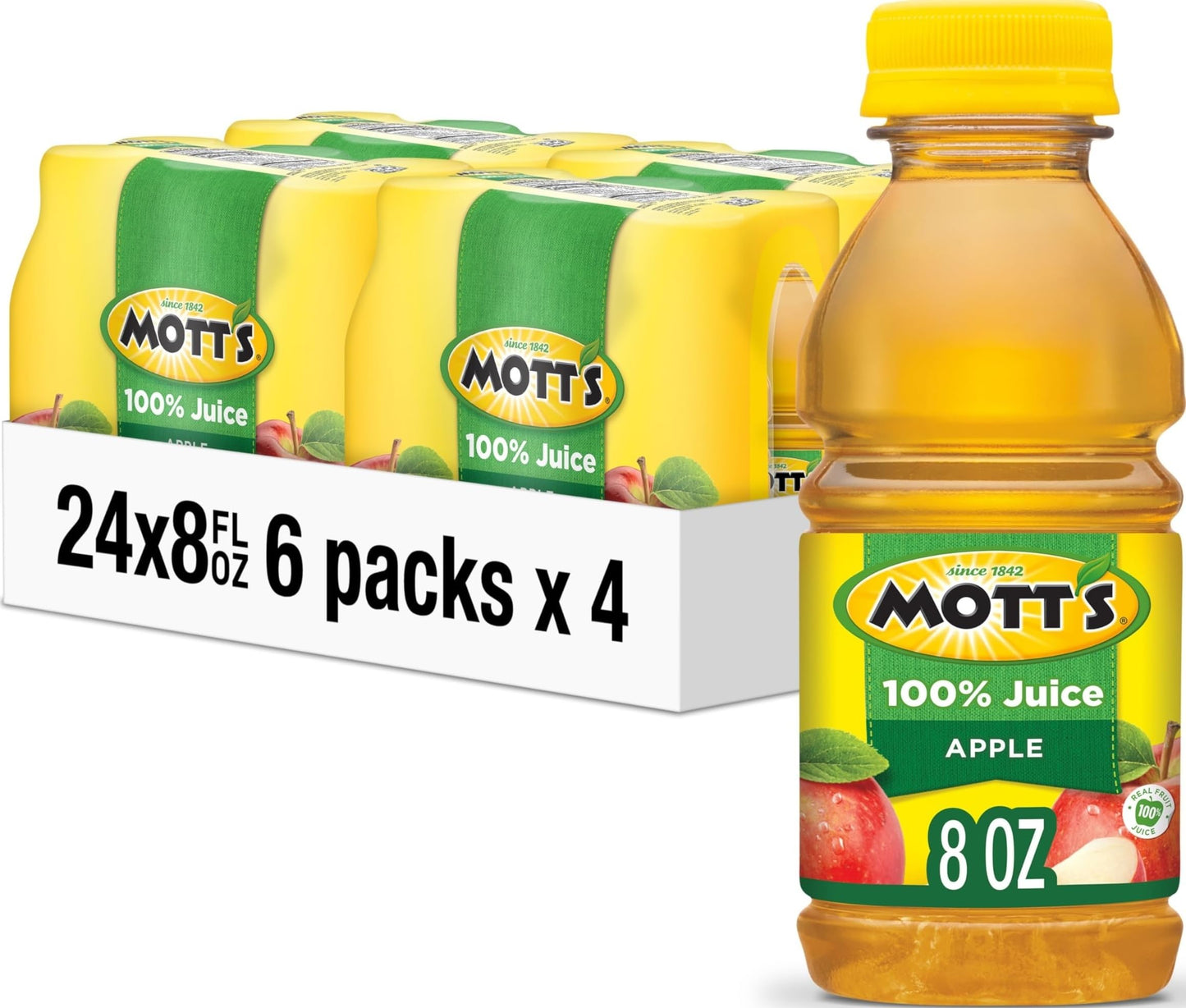 Mott's 100% Original Apple Juice, 8 Fl Oz Bottles, 24 Count (4 Packs Of 6), 2 Servings Of Fruit, 100% Fruit Juice, Gluten-free, Caffeine-free, Kosher, Contains No Artificial Colors Or Sweeteners