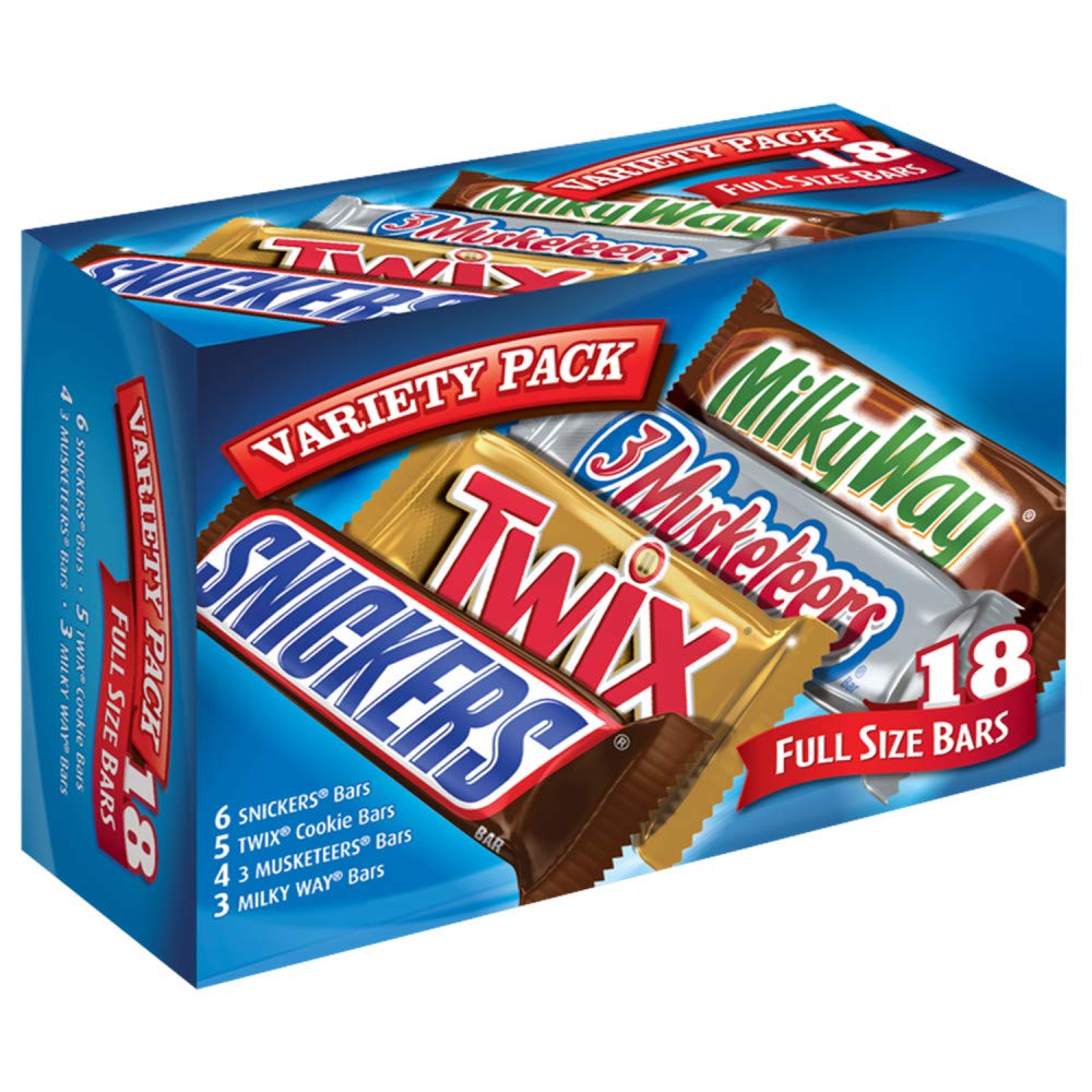 SNICKERS, TWIX, 3 MUSKETEERS, MILKY WAY Full Size Back to School Chocolate Bar Variety Pack, 18 ct Bulk Candy Box