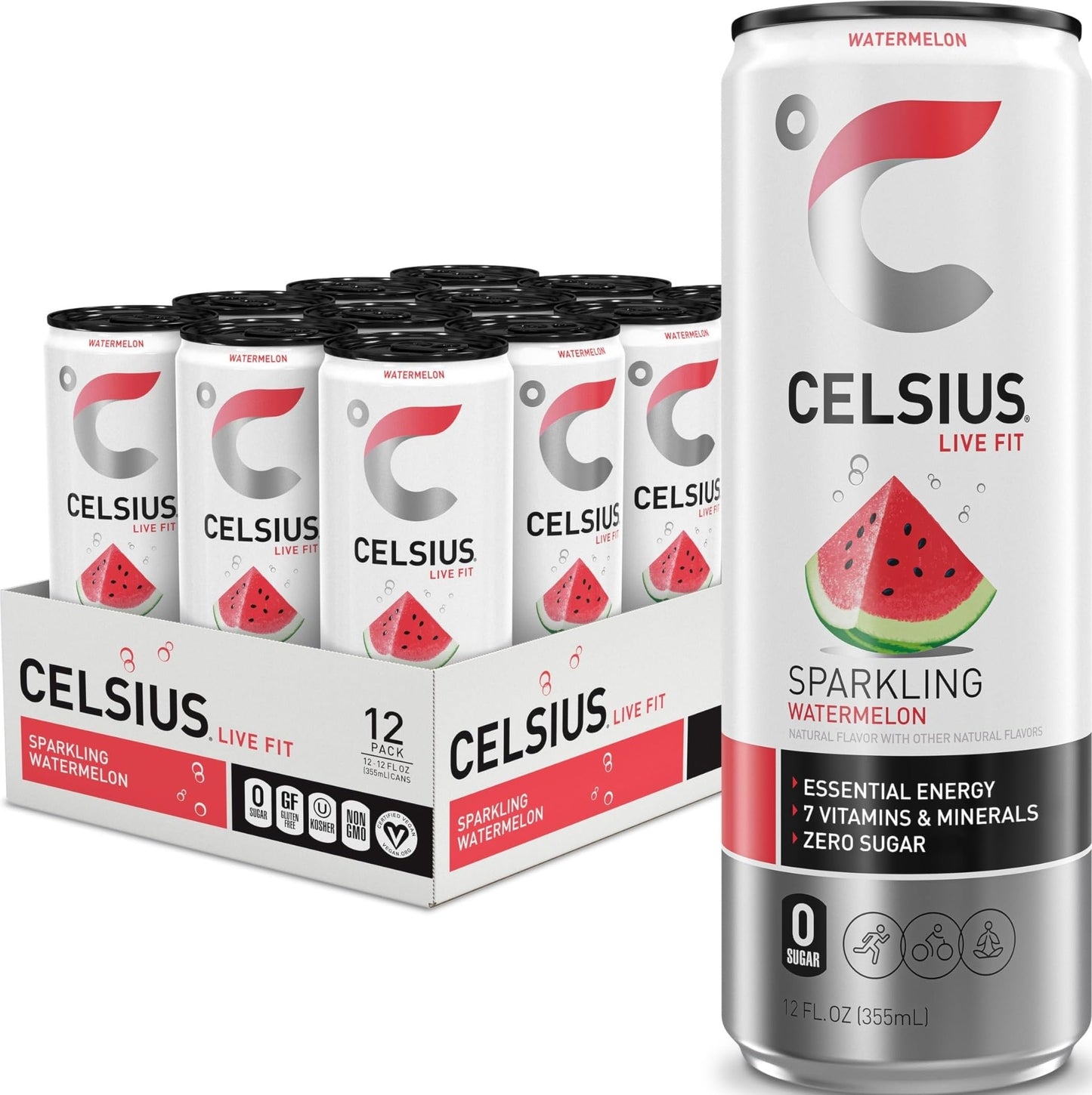 CELSIUS Sparkling Watermelon, Sugar Free Energy Drink, 12 Fl Oz (Pack of 12)