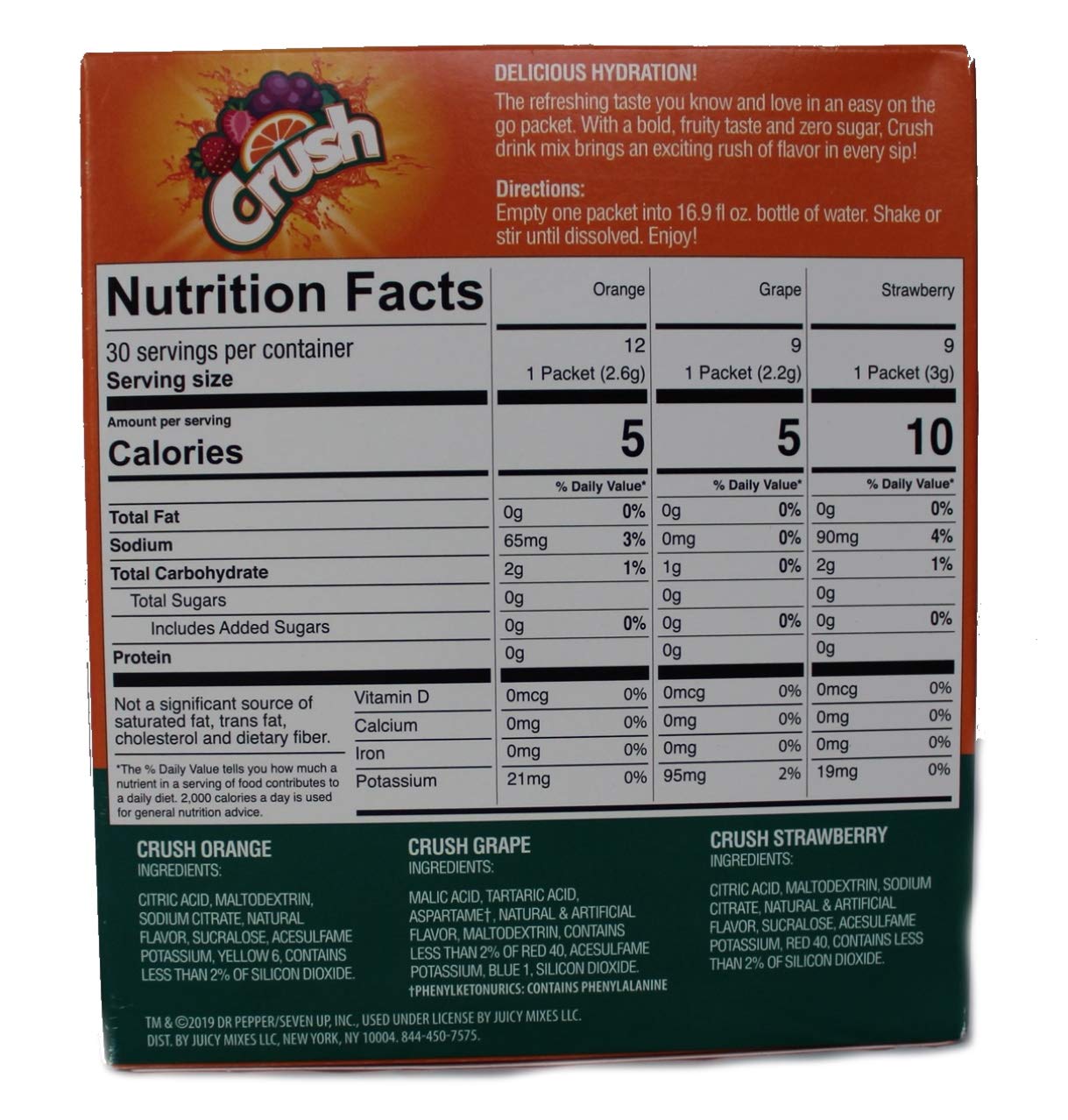 Crush Singles Grape, Orange, Strawberry To Go Sugar Free Drink Mix Variety Pack 2.75 oz Pack of 30 Sticks
