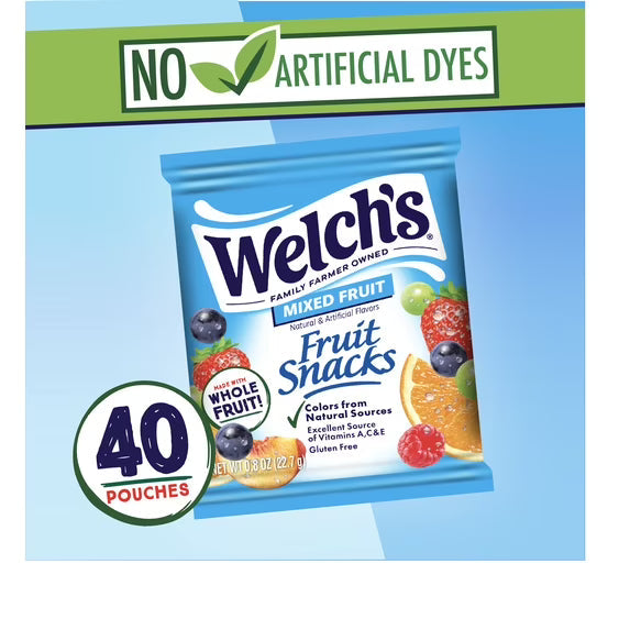 Welch's Fruit Snacks, Mixed Fruit, Soft Kids Snacks, 0.8 oz, 40 Count( pack of 2)