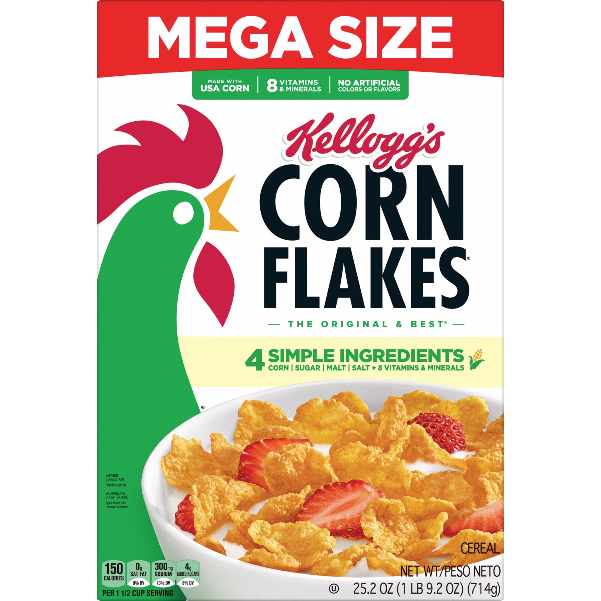 Kellogg's Corn Flakes Original Breakfast Cereal, 8 Vitamins and Minerals, Mega Size, 25.2 oz