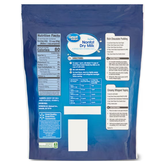 ( pack of 2)Great Value Instant Nonfat Dry Milk, 25.6 oz Bag, Makes 8 Quarts