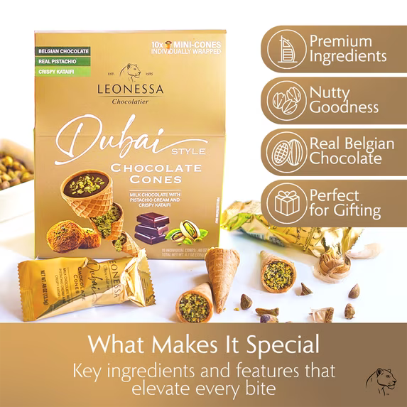 Leonessa Chocolatier Dubai Chocolate Cones, Milk Chocolate with Crispy Kataifi & Pistachio Kunafa Cream, Made with Belgian Chocolate, 4.7 oz Gable Box, 10 Count ( pack of 2)