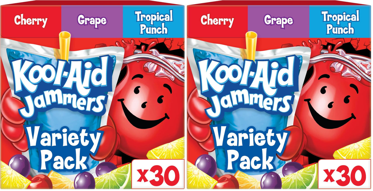 Kool-Aid Jammers Tropical Punch, Grape & Cherry Flavored 0% Juice Drink Variety Pack, 30 ct Box, 6 fl oz Pouches (Pack of 6)