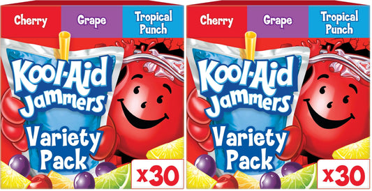 Kool-Aid Jammers Tropical Punch, Grape & Cherry Flavored 0% Juice Drink Variety Pack, 30 ct Box, 6 fl oz Pouches (Pack of 6)