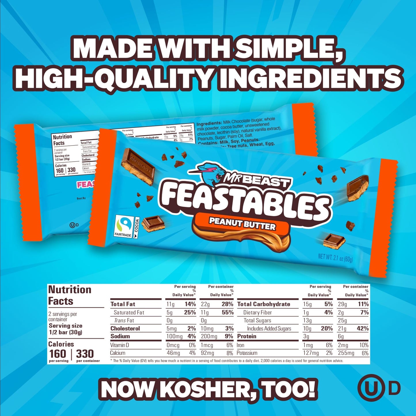 MrBeast Feastables Peanut Butter Milk Chocolate Bar, King Size, 10 Count