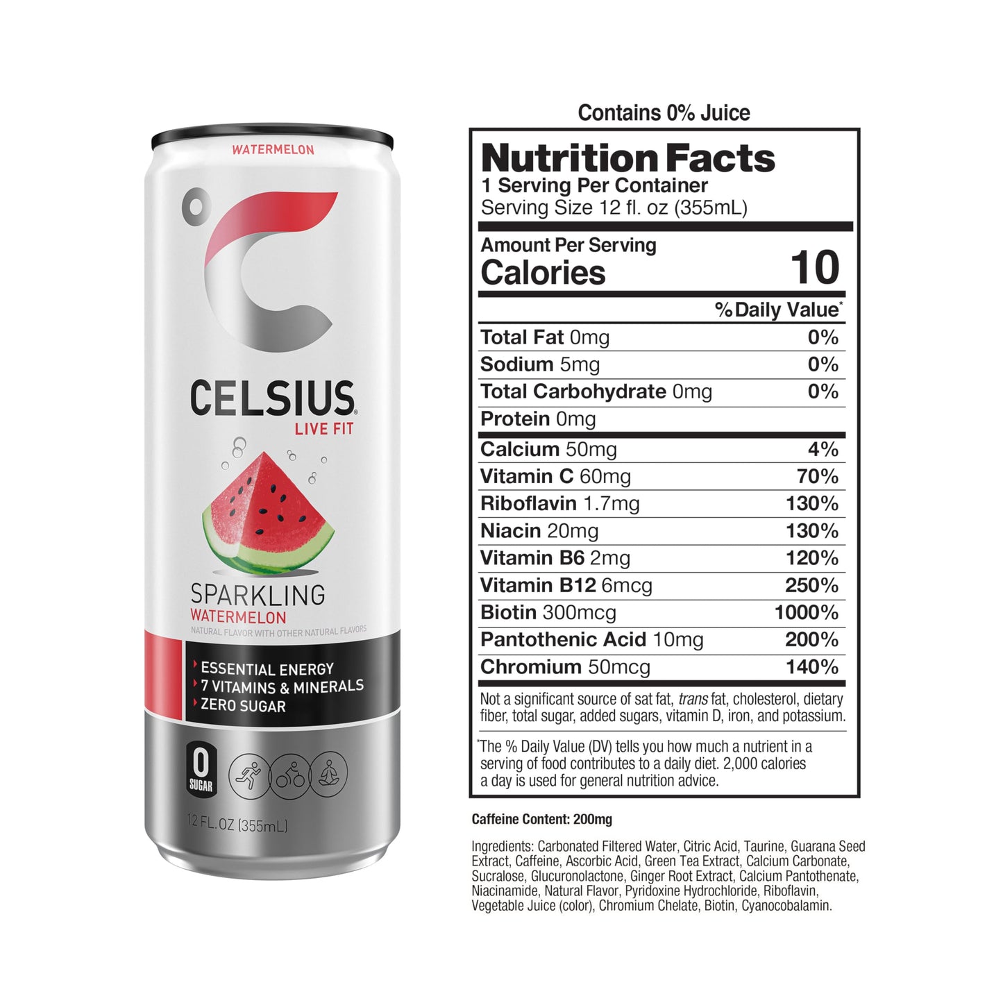 CELSIUS Sparkling Watermelon, Sugar Free Energy Drink, 12 Fl Oz (Pack of 12)