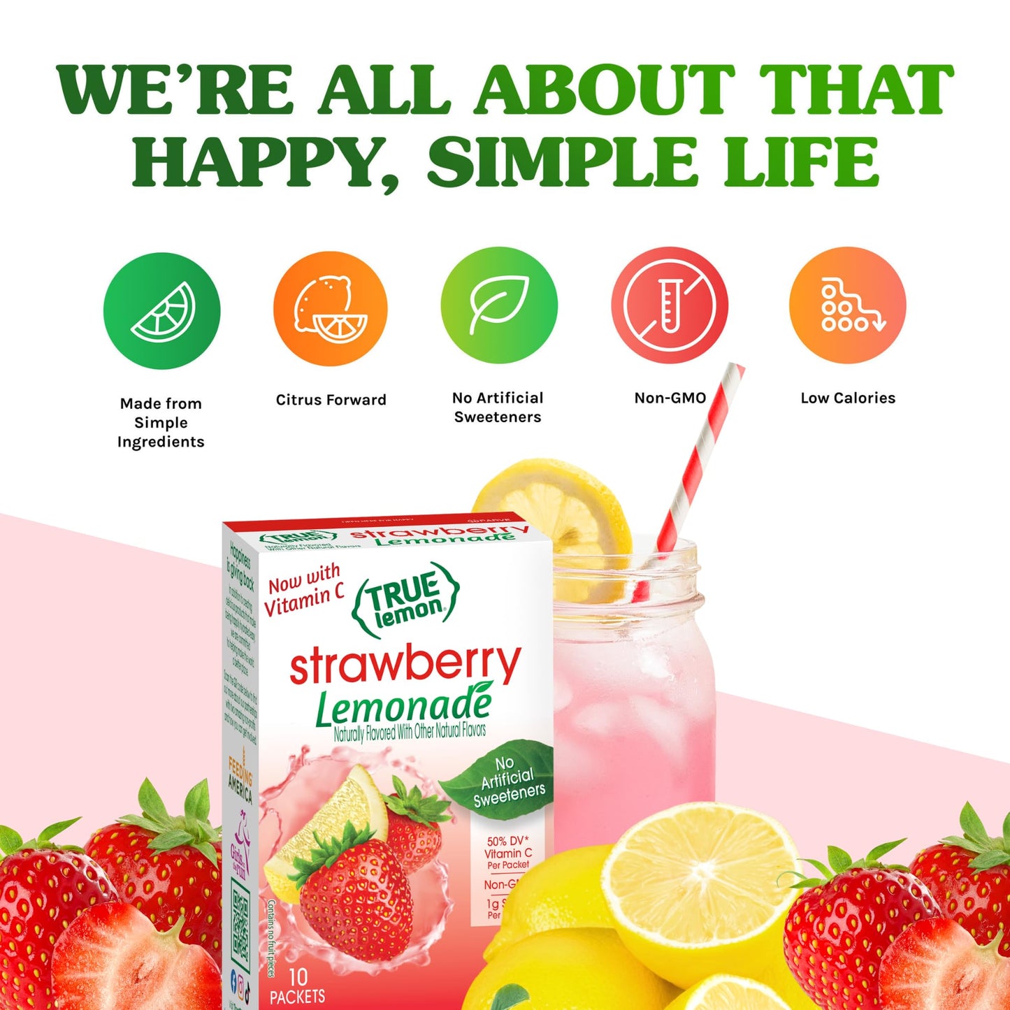 True Lemon Strawberry Lemonade Drink Mix, Made from Real Lemons, Low Calorie, Low Sugar, Lemonade Drink Mix, 10 Count, 1.06 oz (Pack of 12)