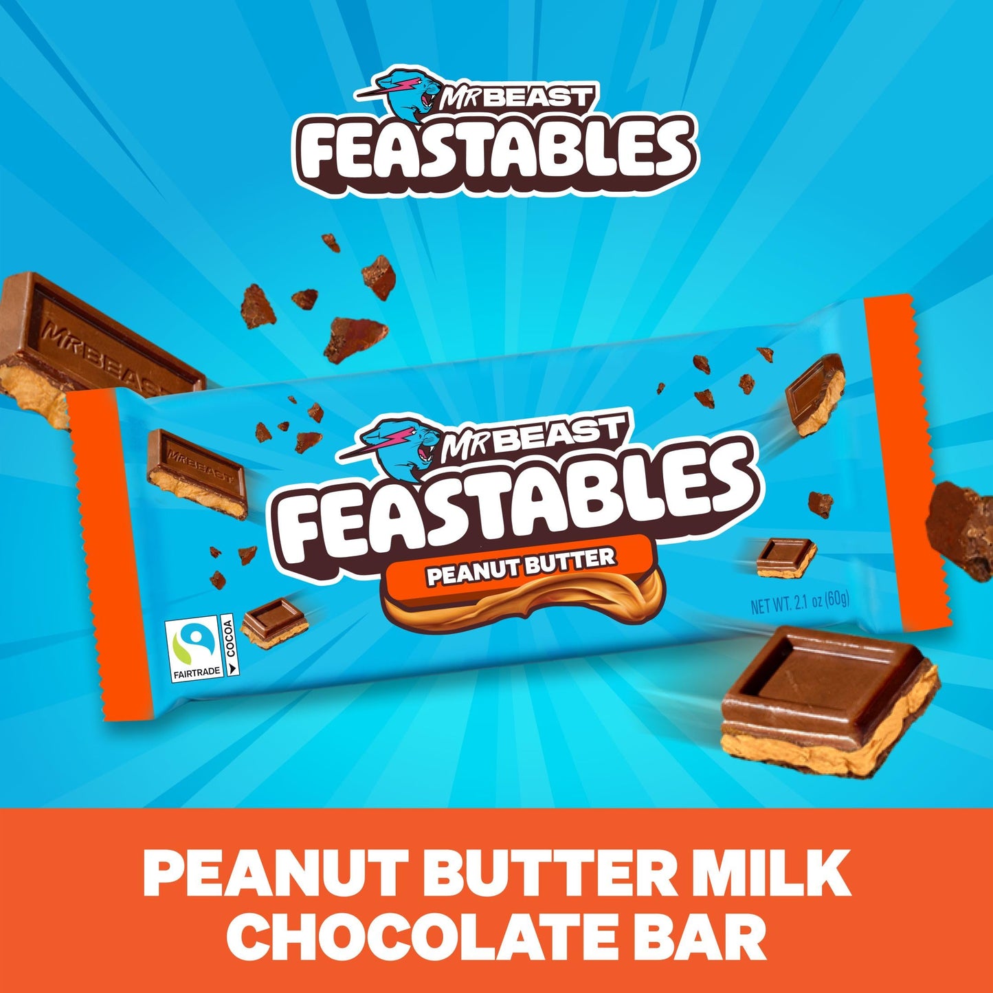 MrBeast Feastables Peanut Butter Milk Chocolate Bar, King Size, 10 Count