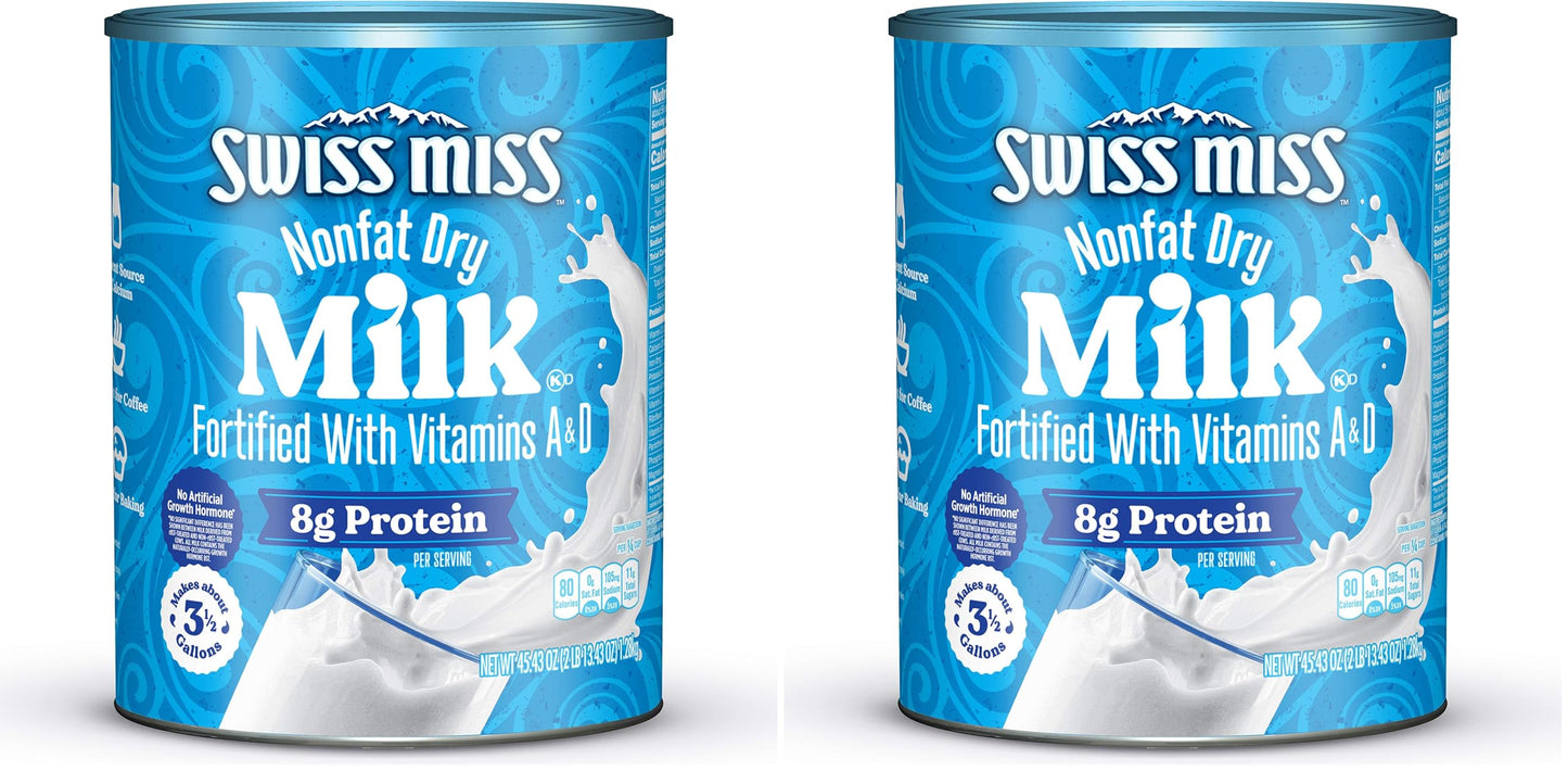 Swiss Miss Shelf Stable Nonfat Dry Powdered Milk, Hot Cocoa Bar Supplies, 45.43 oz. Canister – Fortified with Vitamins A and D, Excellent Source of Calcium (Pack of 2)