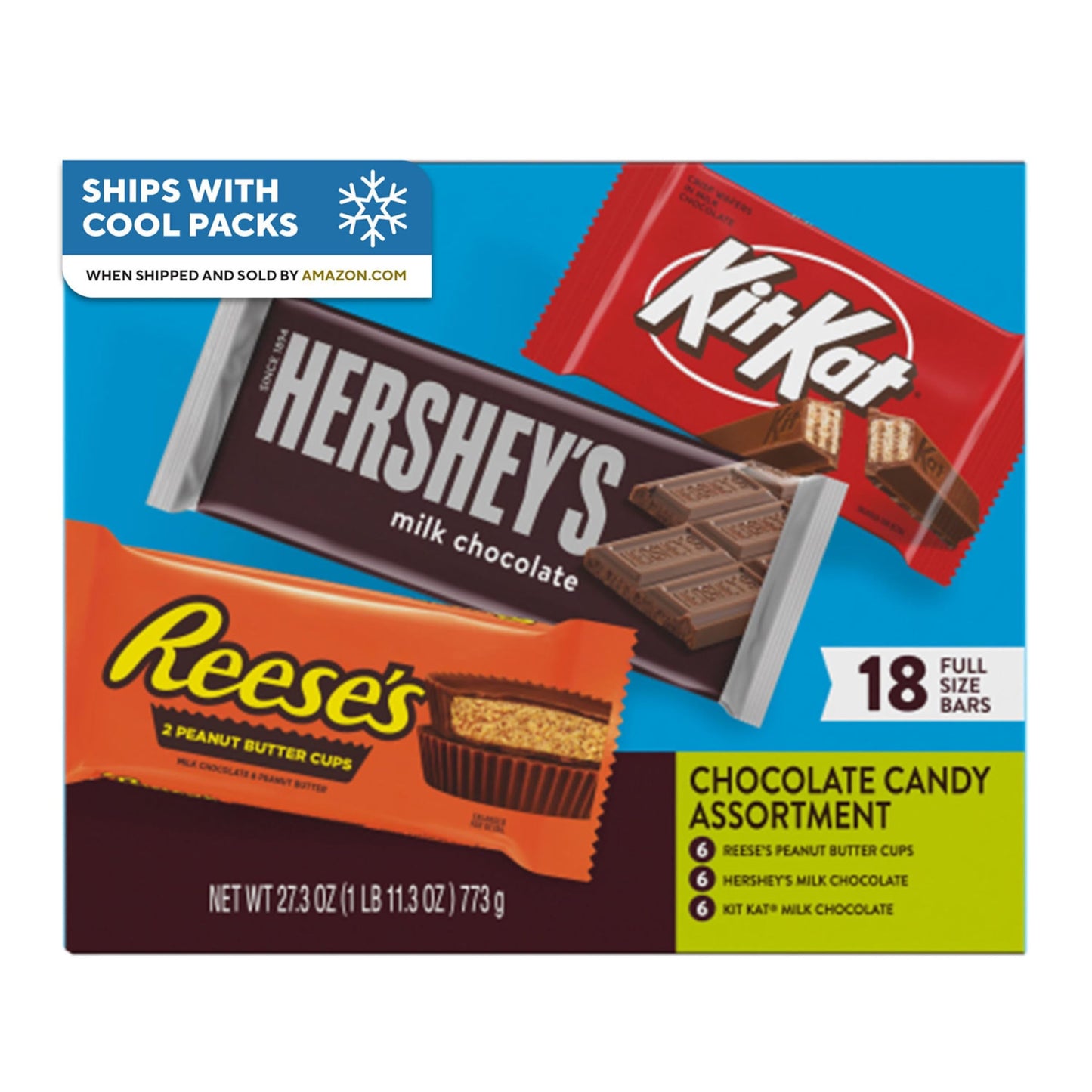 HERSHEY'S, KIT KAT and REESE'S Assorted Milk Chocolate Candy Variety Box, 27.3 oz (18 Pieces)