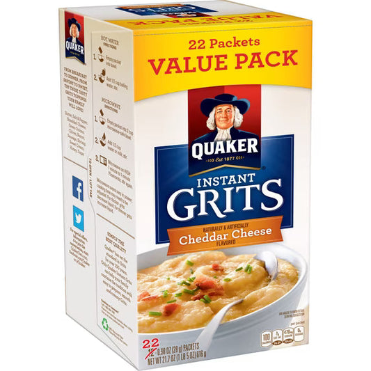 (2 pack) Quaker Instant Grits Cheddar Cheese Naturally Flavored, 0.98 oz 22 Count Box