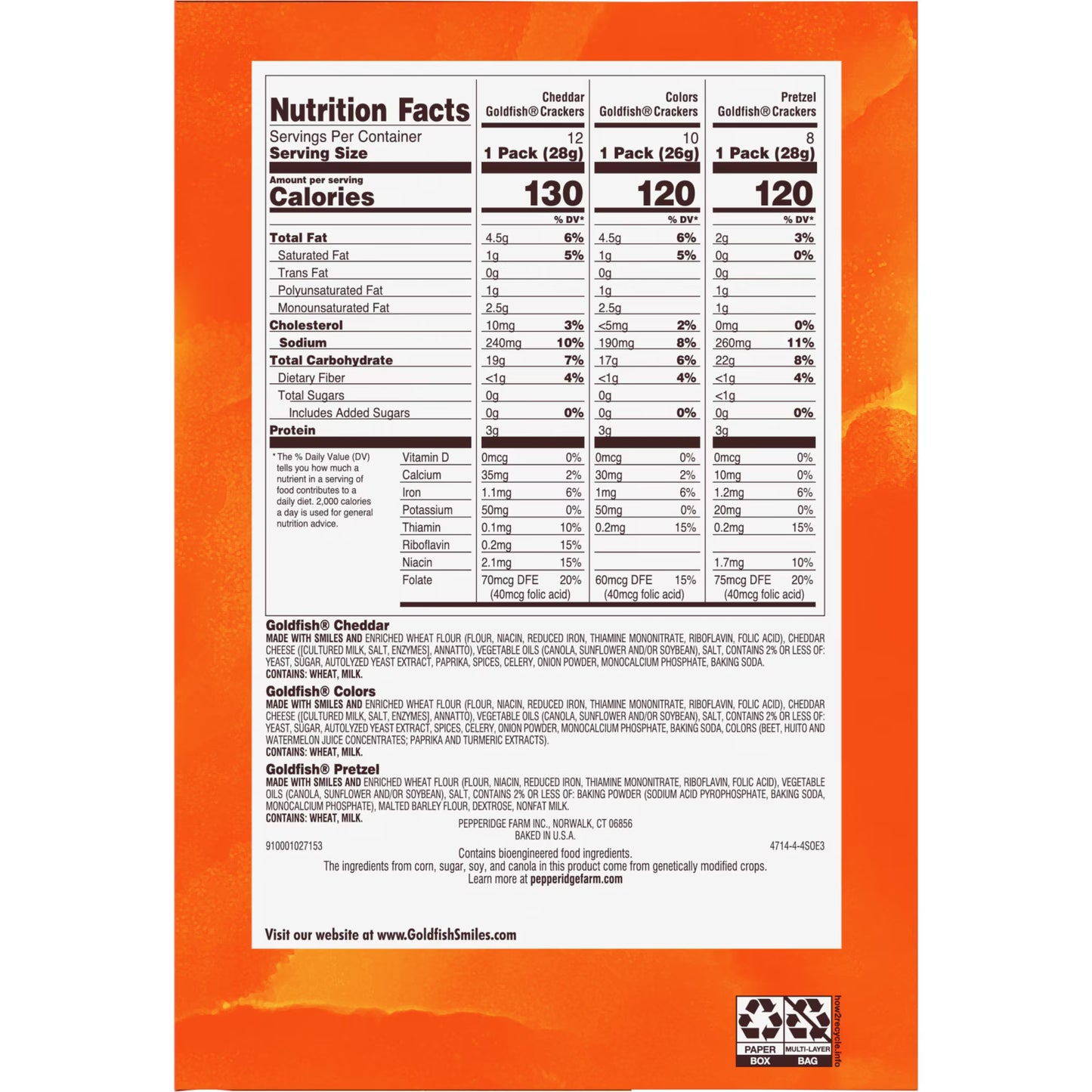 Goldfish Crackers Big Smiles with Cheddar, Colors, and Pretzel Crackers, Snack Pack, 30 Count Variety Pack Box