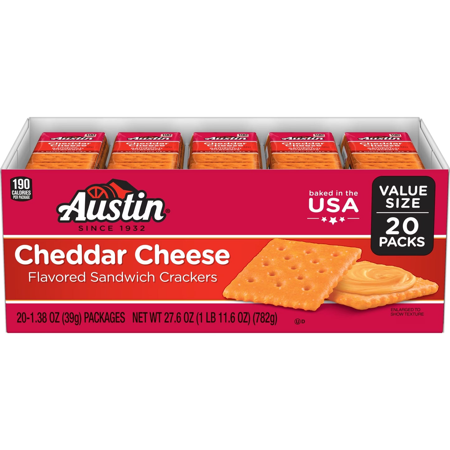 Austin Cheddar Cheese Flavored Sandwich Crackers, Lunch Snacks, 20 Count
