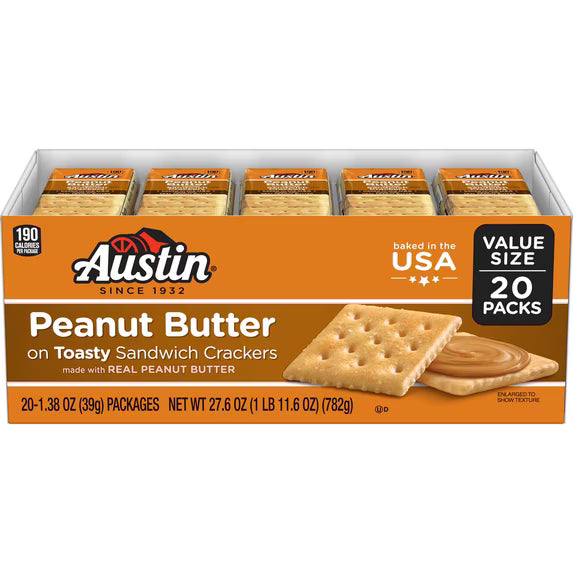 Hero image 5 of (6 pack) Austin Peanut Butter On Toasty Sandwich Crackers, Lunch Snacks, 20 Count, 5 of 10     Best seller Austin (6 pack) Austin Peanut Butter On Toasty Sandwich Crackers, Lunch Snacks, 20 Count