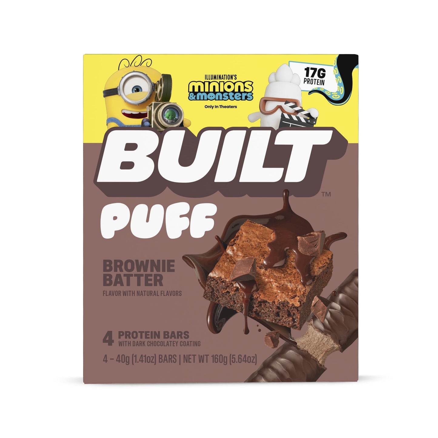 BUILT Puff Protein Bar, Brownie Batter, 17g Protein, Collagen, 140 Calories, 4 Count Box, 1.41 oz Bars