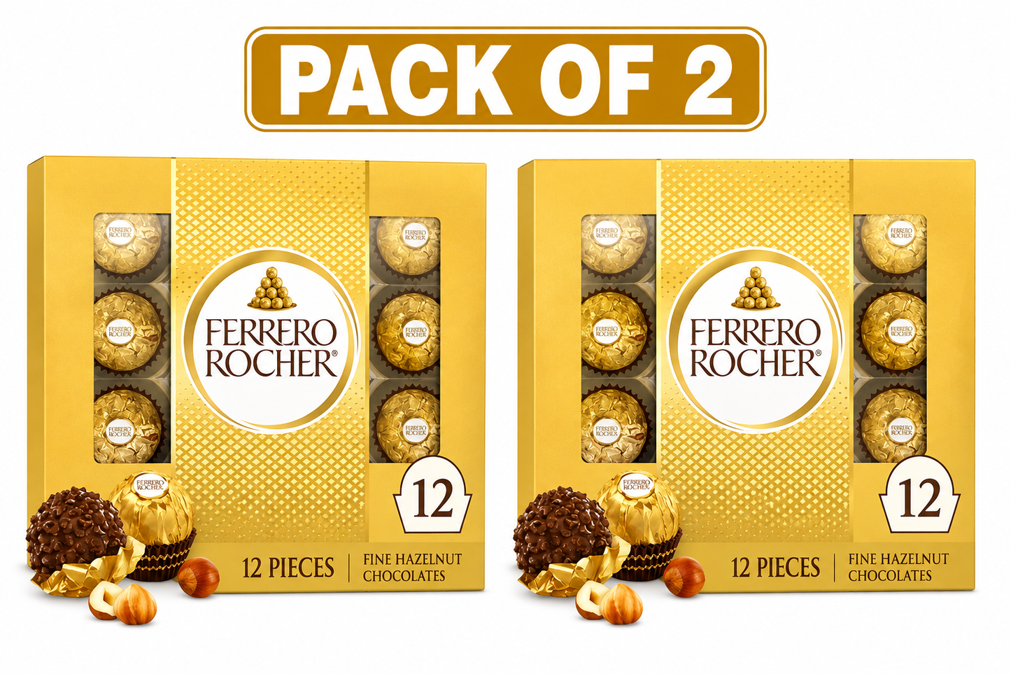 Ferrero Rocher Gourmet Hazelnut Milk Chocolate Gift Box, 12 Individually Wrapped Chocolates, 5.3 oz( pack of 2)