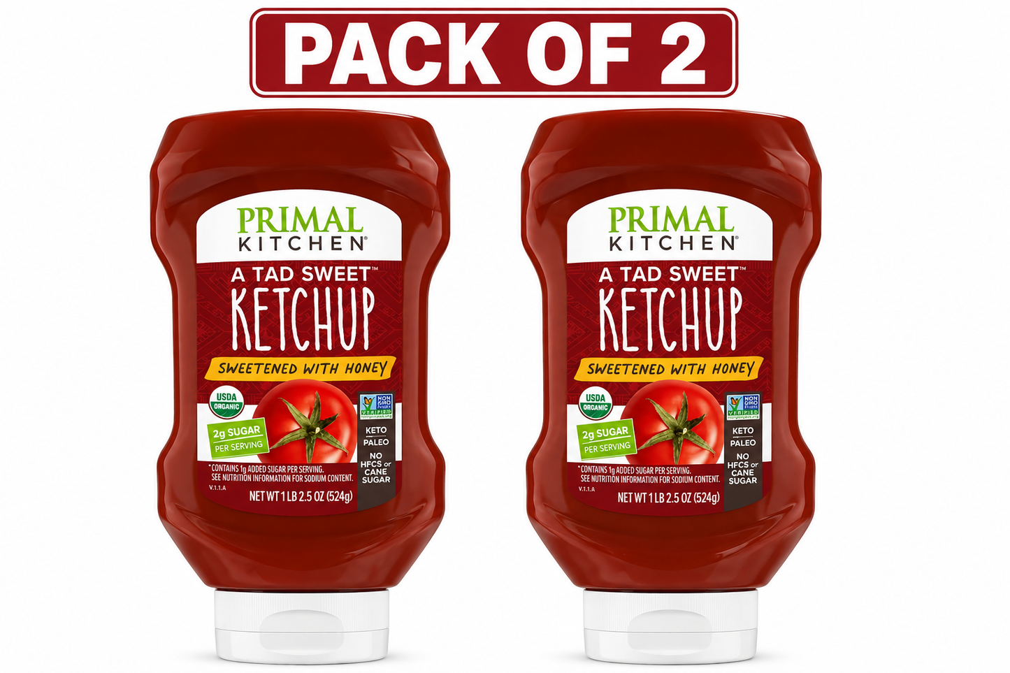 (pack of 2)Primal Kitchen A Tad Sweet Squeeze Ketchup - Sweetened with Honey, 18.5 oz