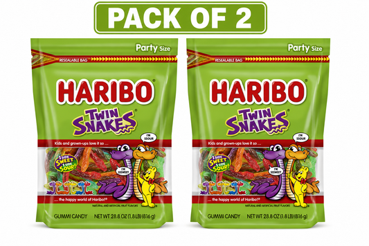 HARIBO Twin Snakes Gummies Original Sweet and Sour Assorted Fruit Flavor Gummy Candy, 28.8 oz, Bulk Party Size Bag( 2 pack)