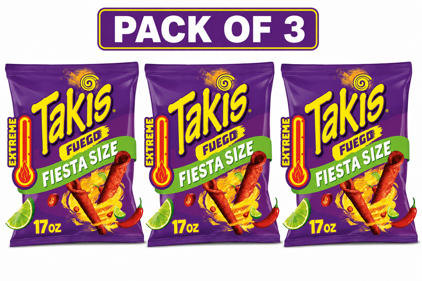 Takis Fuego 17 oz Fiesta Size Bag, Hot Chili Pepper & Lime Rolled Tortilla Chips(pack of 3)