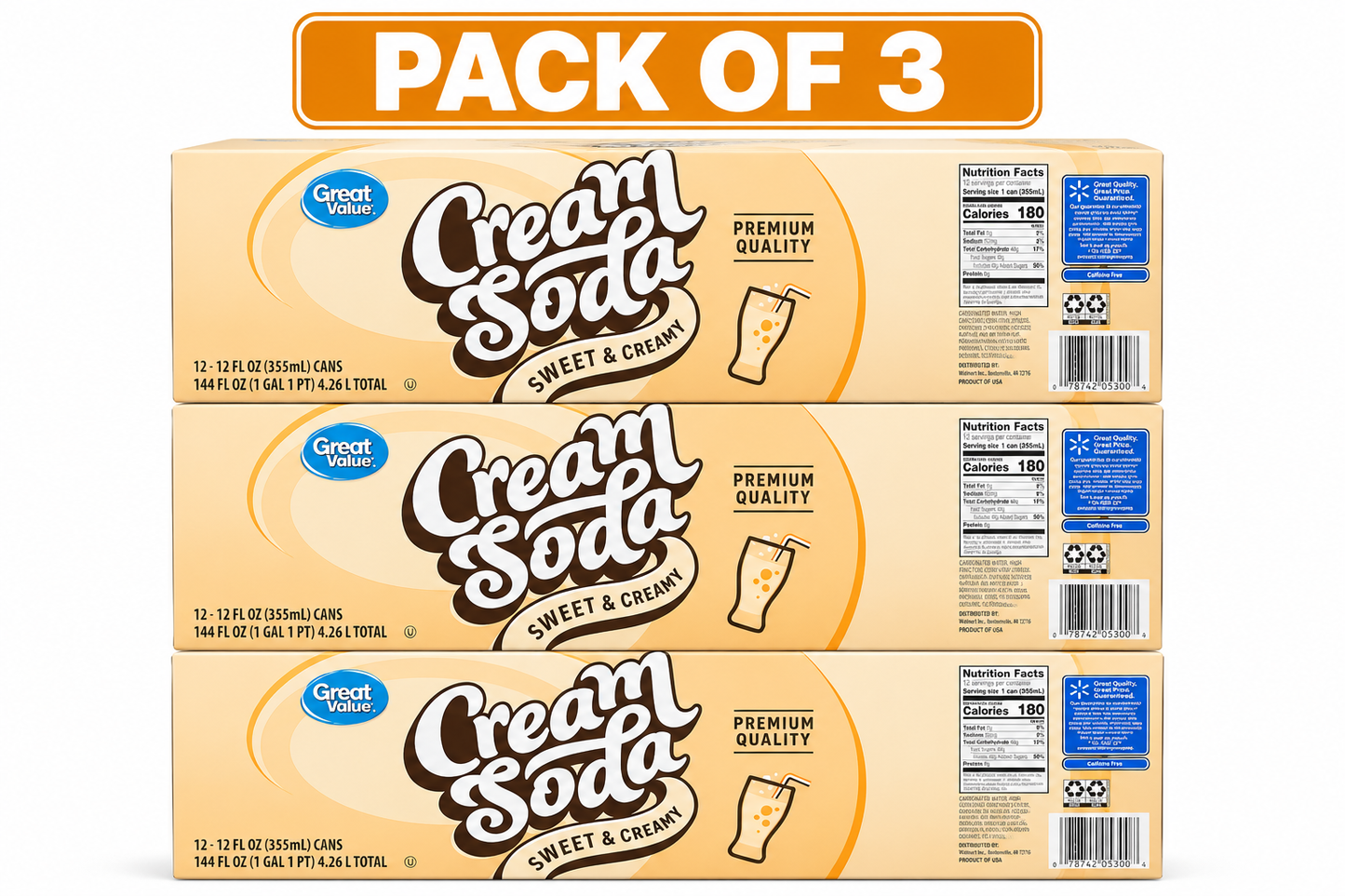 ( pack of 3)Great Value Cream Soda Pop, 12 fl oz, 12 Pack Cans