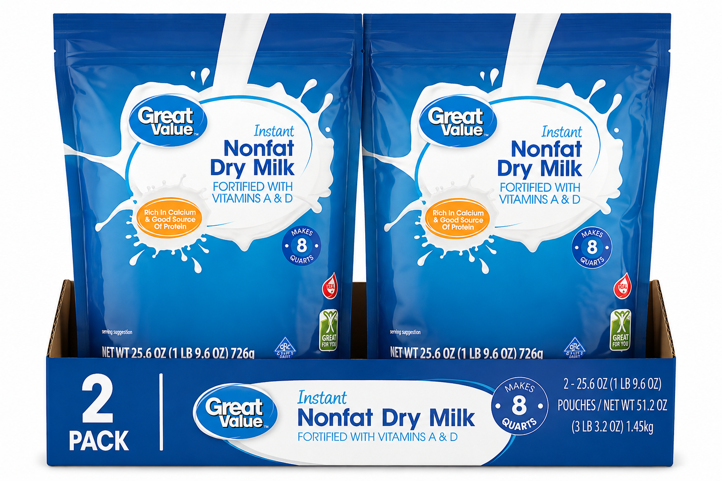 ( pack of 2)Great Value Instant Nonfat Dry Milk, 25.6 oz Bag, Makes 8 Quarts