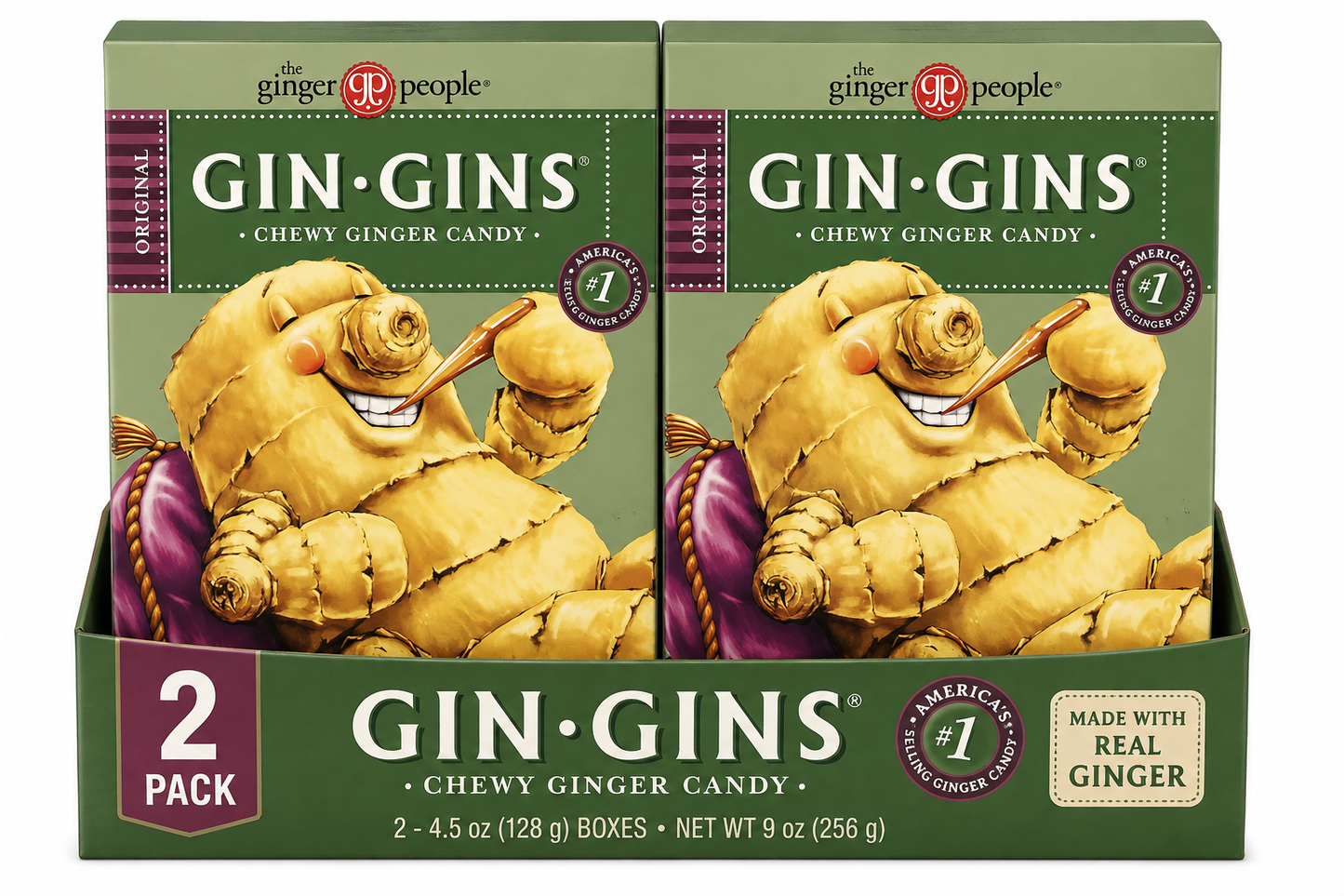 2 pack Gin Gins Original Chewy Ginger Candy with Fresh Ginger, 4.5 oz