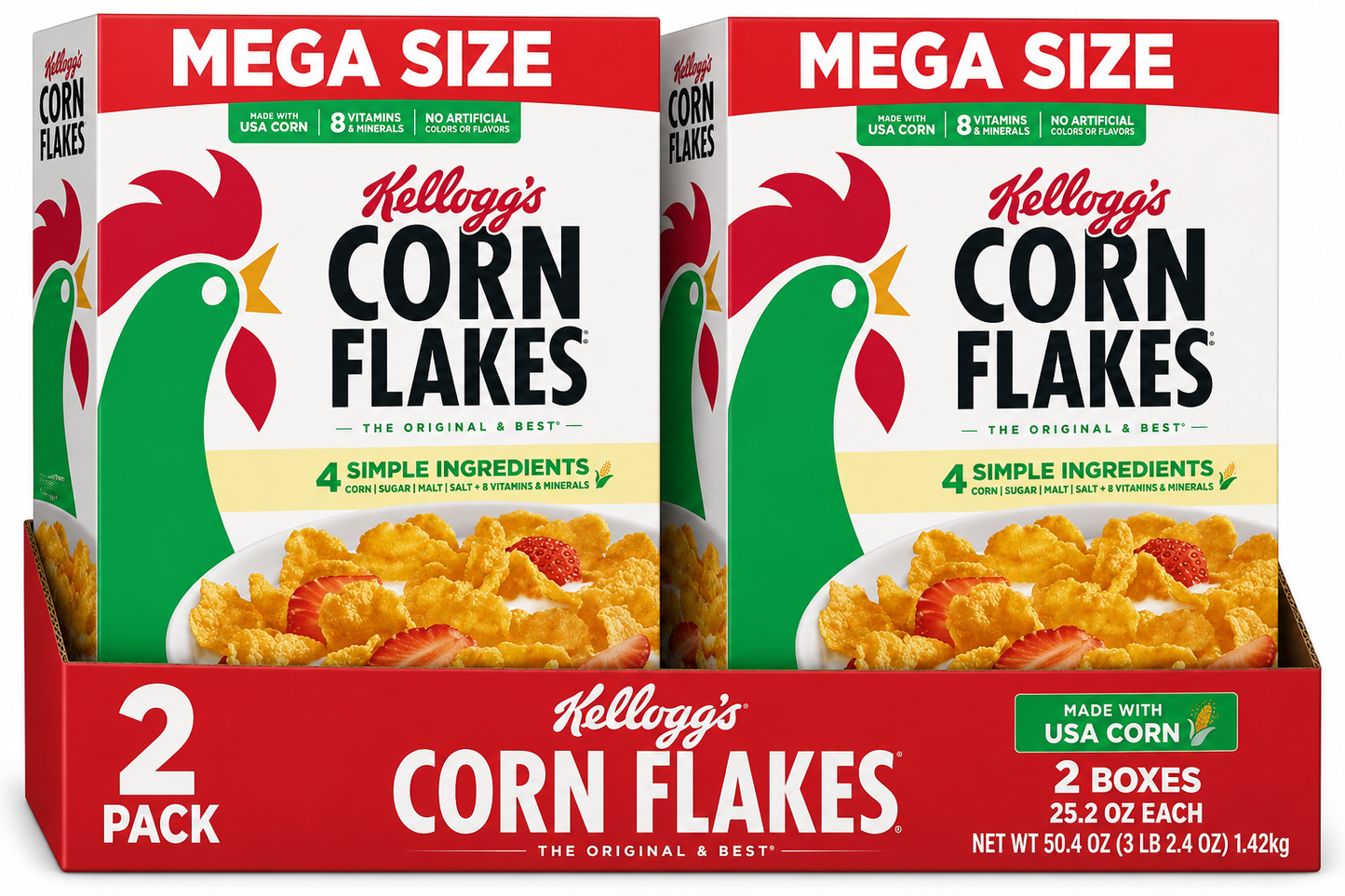 Kellogg's Corn Flakes Original Breakfast Cereal, 8 Vitamins and Minerals, Mega Size, 25.2 oz(pack of 2)