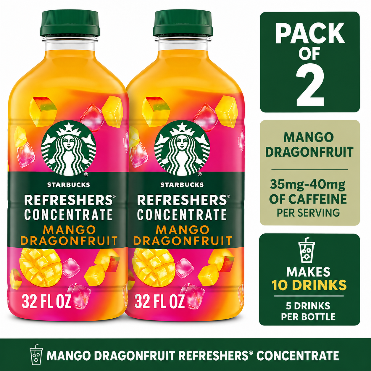 Starbucks Refreshers Concentrate Mango Dragonfruit, Refreshing Drink, Cold Drinks 32 fl oz(2 pack)