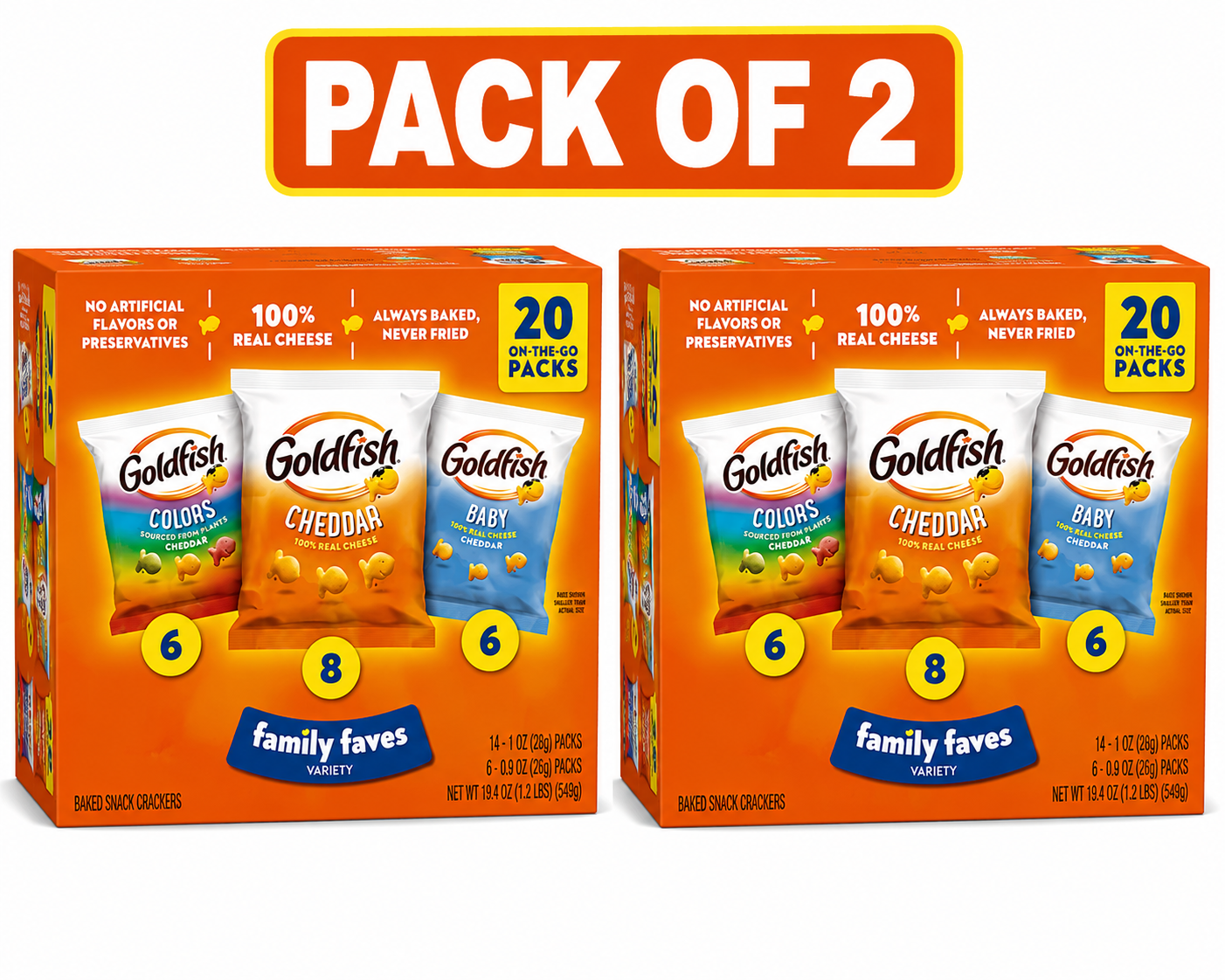 Goldfish Family Faves Crackers, Cheddar, Colors and Baby Crackers Snack Pack, 0.9 oz, 20-Count Variety Pack Box( 2 pack)