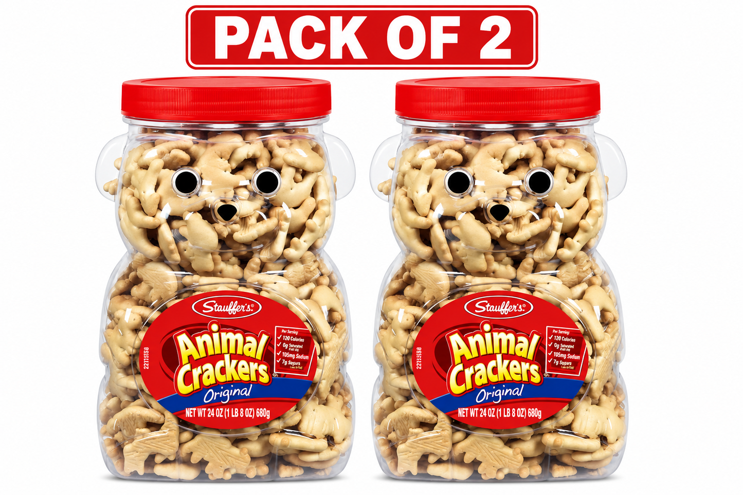 (pack of 2)Stauffer's Simply Animals Original Animal Crackers, Fun Kid Snacks, 24oz Resealable Family Size Bear Jug