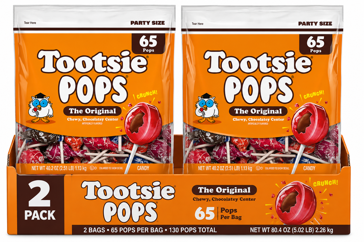 Tootsie Pops, The Original, Assorted Peanut Free and Gluten Free Lollipops, 65 Count( 2 pack)