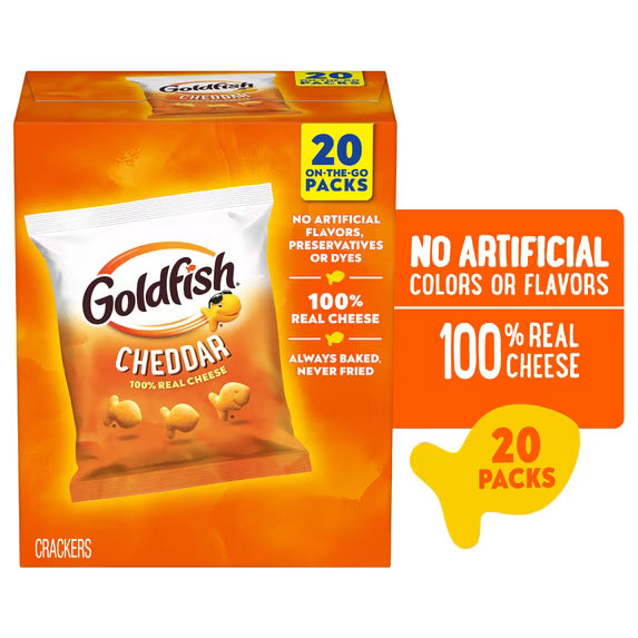 Goldfish Cheddar Cheese Crackers, Baked Snack Crackers, 1 oz on-The-Go Snack Packs, 20 Count Box