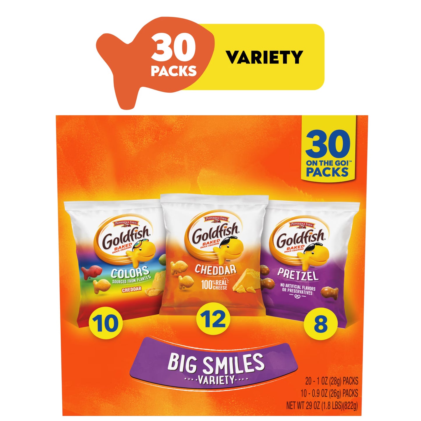 Goldfish Crackers Big Smiles with Cheddar, Colors, and Pretzel Crackers, Snack Pack, 30 Count Variety Pack Box