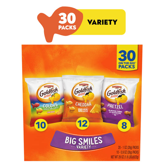 Goldfish Crackers Big Smiles with Cheddar, Colors, and Pretzel Crackers, Snack Pack, 30 Count Variety Pack Box