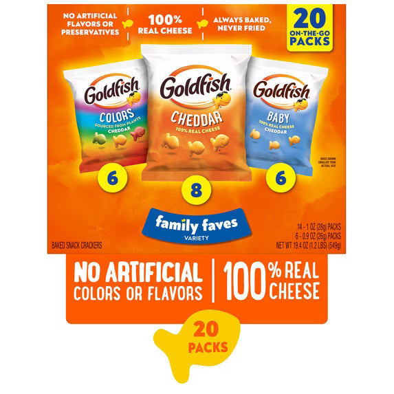 Goldfish Family Faves Crackers, Cheddar, Colors and Baby Crackers Snack Pack, 0.9 oz, 20-Count Variety Pack Box( 2 pack)
