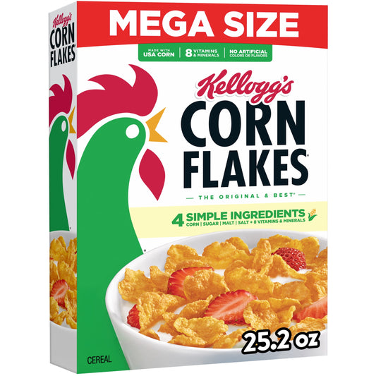 Kellogg's Corn Flakes Original Breakfast Cereal, 8 Vitamins and Minerals, Mega Size, 25.2 oz