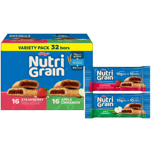 Nutri-Grain Breakfast Bars, Made with 10g Whole Grains, Snack Bars, Variety Pack, 41.6oz Box (32 Count)