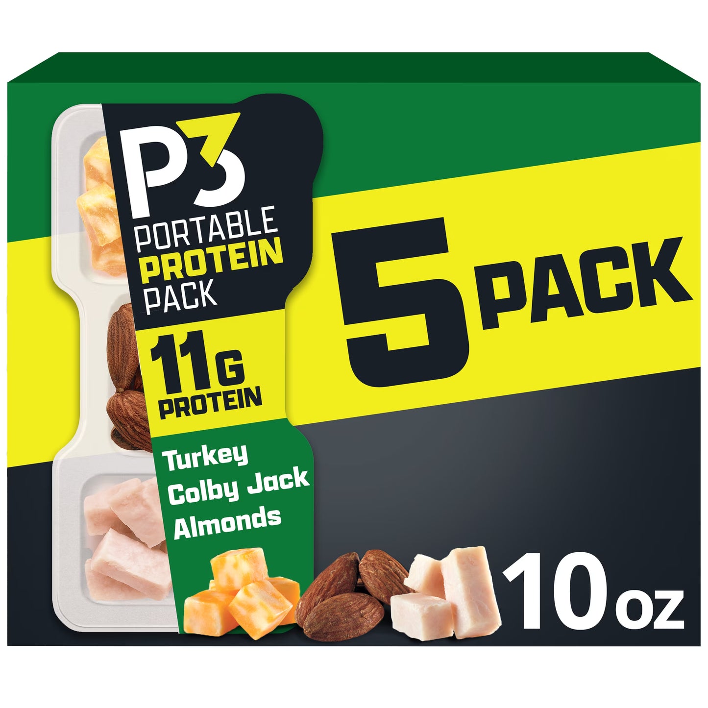 P3 Portable Protein Snack Pack with Turkey, Almonds & Colby Jack Cheese, 5 Count Box, 2 oz Trays