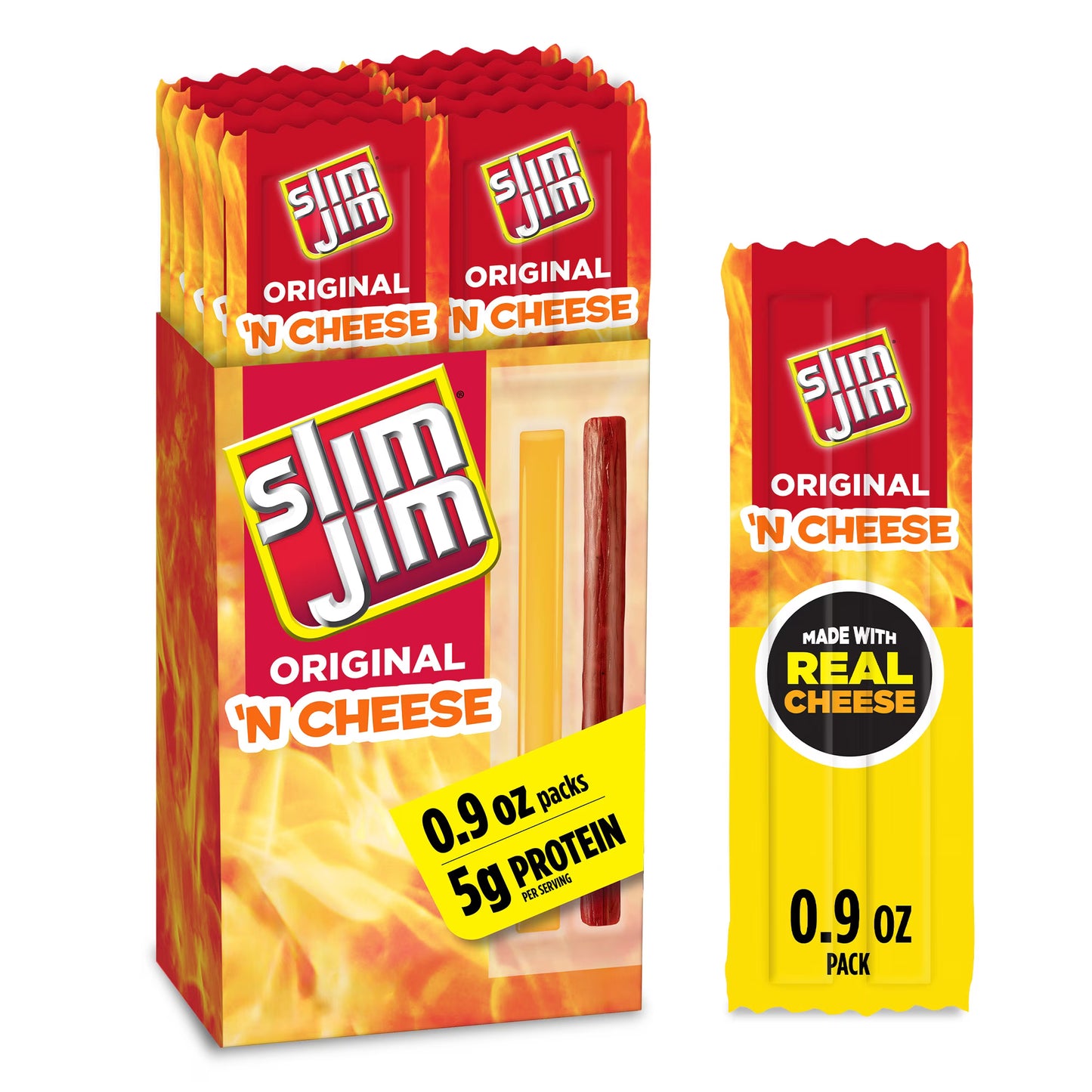 Slim Jim Smoked Meat Jerky Snack Sticks & Cheese, Original Flavor, 5g Protein Per Serving, 0.9 oz. (10-Count)
