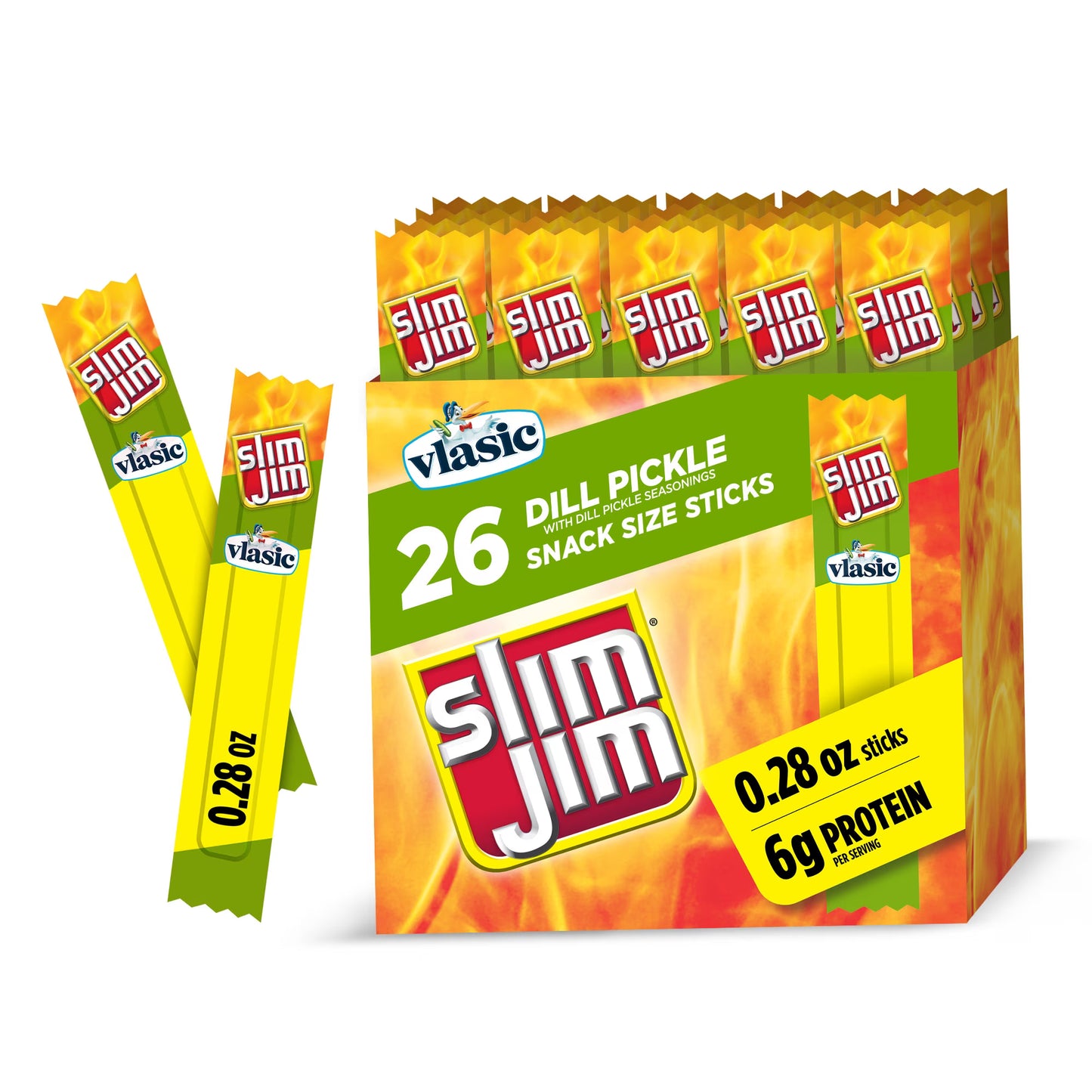 Slim Jim Smoked Jerky Snack Sticks, Vlasic Dill Pickle Flavor, 6g Protein Per Serving, 0.28 oz. (26-Count)