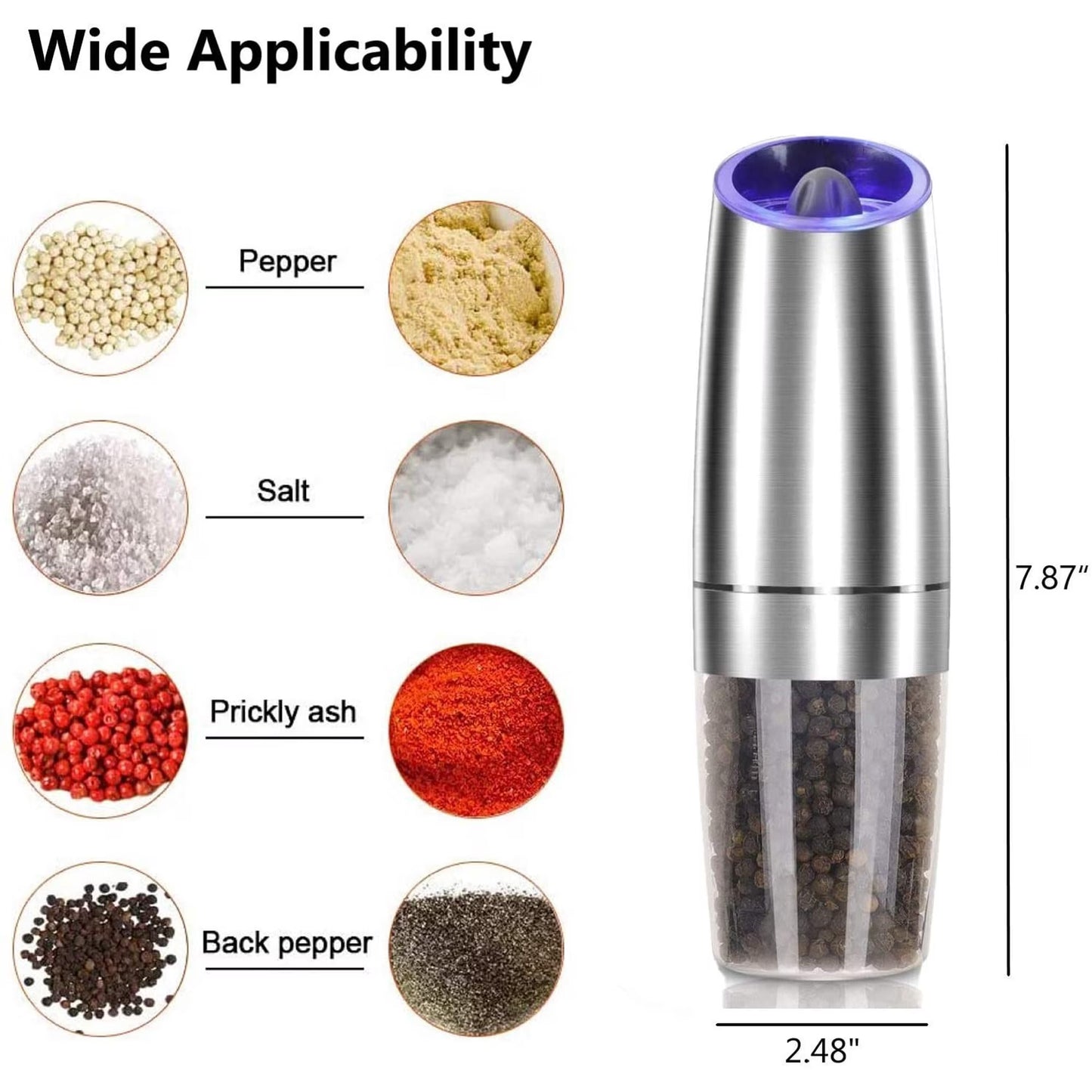 2 Piece Set Electric Salt and Pepper Grinder Set , Adjustable Coarseness Mill Grinders Stainless Steel